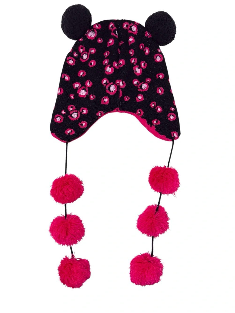 Disney Parks Black & Pink Dangling Pom Pom Beanie W/ear Flaps EUC